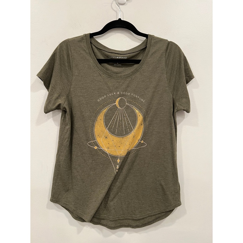 Lucky Brand T Shirt Womens Green Good Luck Good Fortune Celestial Graphic T MED